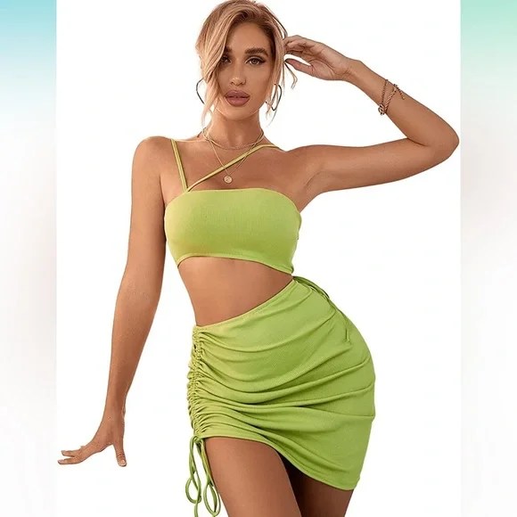 shein bodycon mini dress Shein Green Cami Spaghetti Strap Bodycon Fitting Midi Dress Side Slit XS 0 2